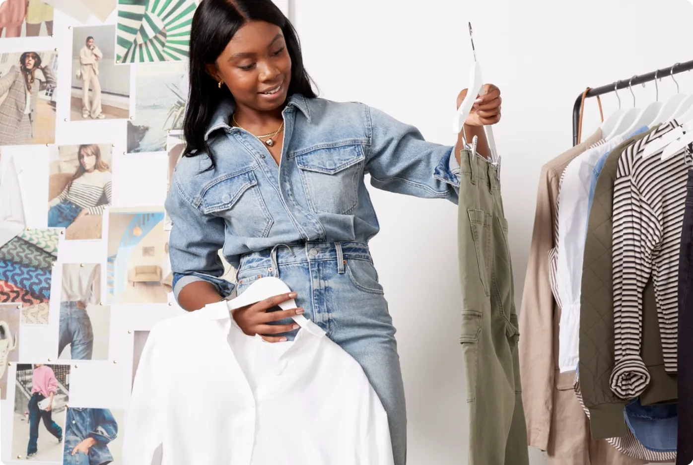 Personal stylist workspace showcasing a Trendsend stylist's creative process with mood boards and style inspiration for wardrobe subscription clients