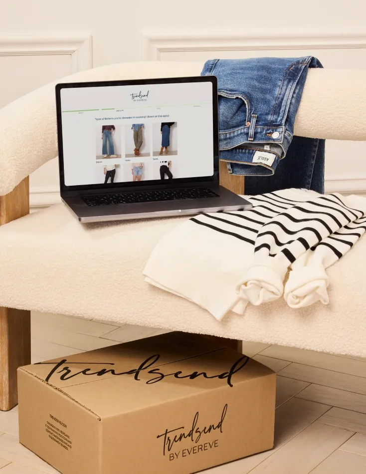 Behind the scenes of a wardrobe subscription: Trendsend stylist carefully preparing a personalized style box with handpicked fashion items