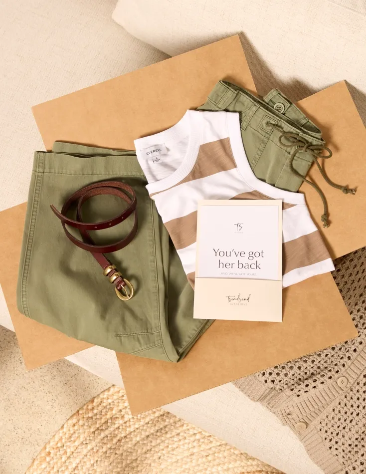 personal styling service: A curated Trendsend box with clothing, accessories, and a personalized note, demonstrating the benefits of an at-home personal styling service.